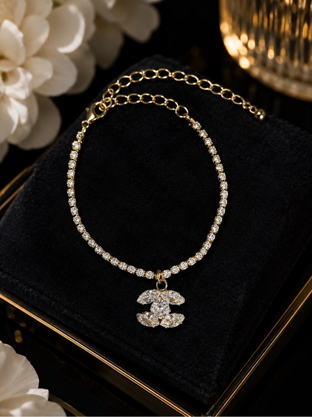 Gold Crystal Tennis Bracelet with Double-C Style Charm